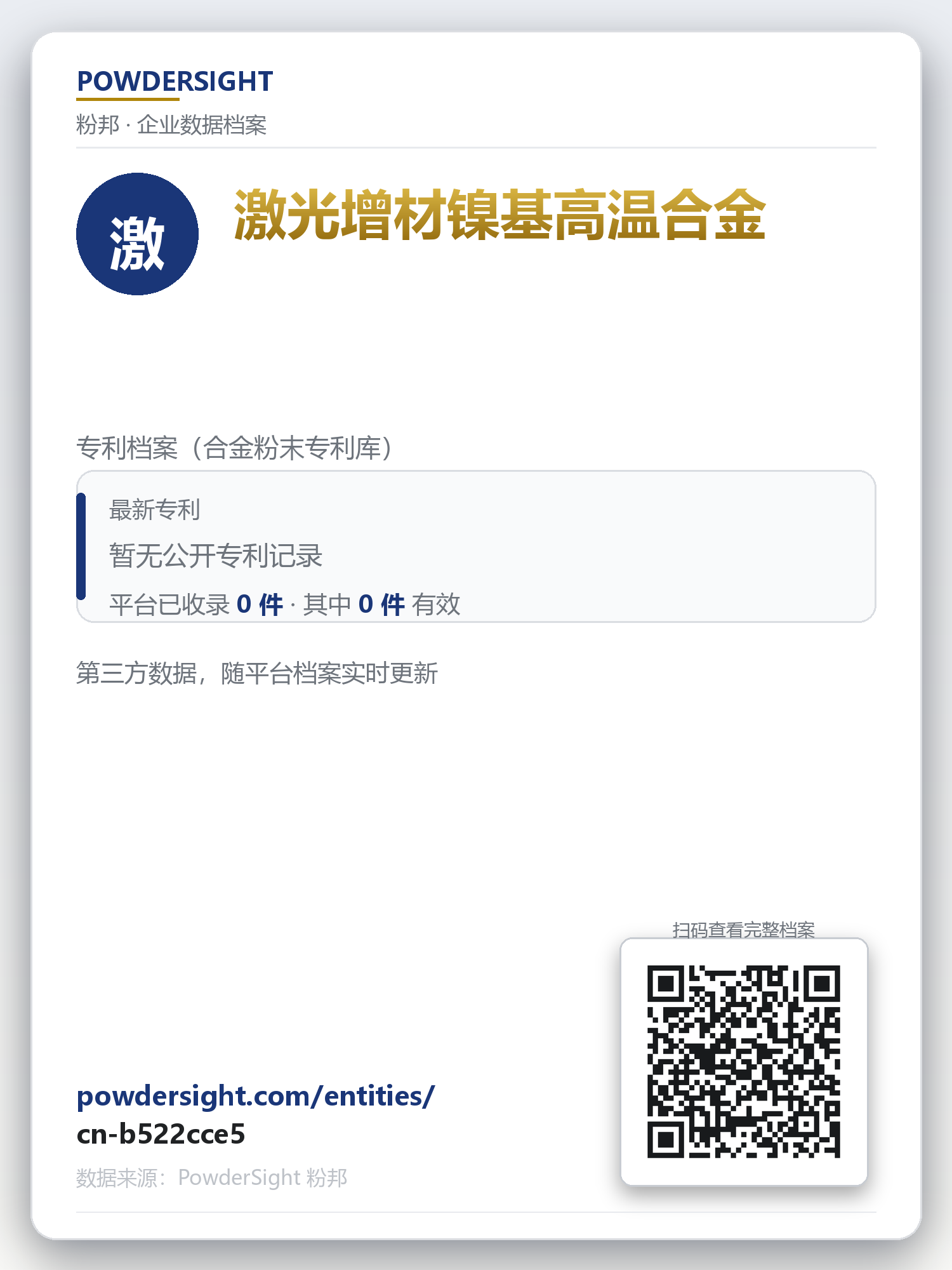 激光增材镍基高温合金 企业数据卡片